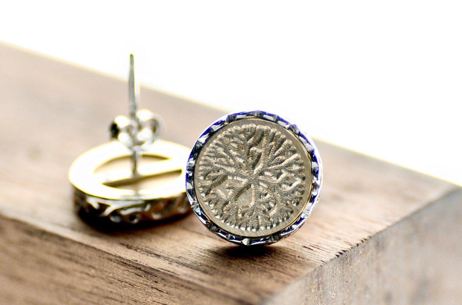 Coral Filigree Signet Earrings - Backtozero B20 - beach, brass, coral, earrings, filigree earrings, filigreeearrings, ocean, sea, signet, silver, stud, stud earrings