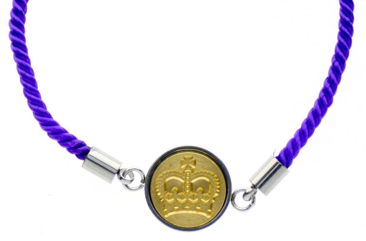 Royal Crown Signet Bracelet - Backtozero B20 - 10mm, 12mm, adjustable, bracelet, brass, cord, cord bracelet, crown, minimal, purple, signet, signet bracelet, stainless steel, twist cord