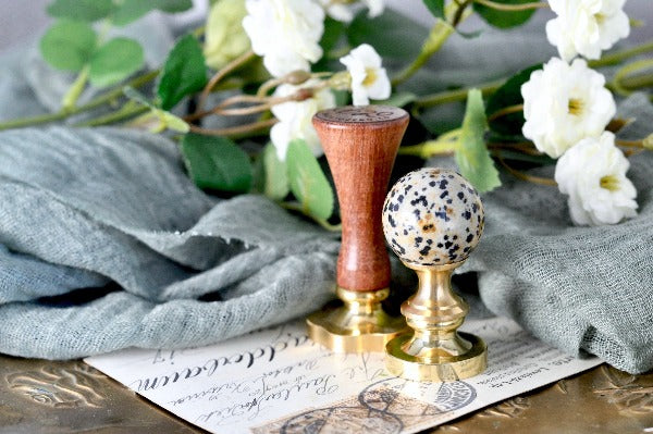 OOAK Dalmatian Jasper Crystal Ball Wax Seal Handle - Backtozero B20 - ball, beige, black, crystal ball, Dalmatian Jasper, dot, dots, dotted, handle, jasper stone, orange, stone