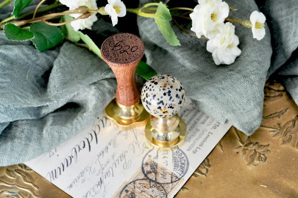 OOAK Dalmatian Jasper Crystal Ball Wax Seal Handle - Backtozero B20 - ball, beige, black, crystal ball, Dalmatian Jasper, dot, dots, dotted, handle, jasper stone, orange, stone