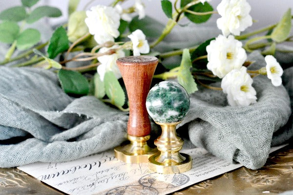 OOAK Green Spot Jasper Crystal Ball Wax Seal Handle - Backtozero B20 - ball, crystal ball, dot, dots, dotted, green crystal, green white sonte, handle, jasper stone, stone