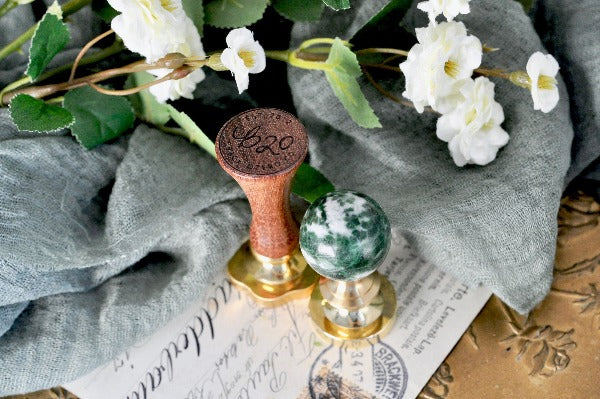 OOAK Green Spot Jasper Crystal Ball Wax Seal Handle - Backtozero B20 - ball, crystal ball, dot, dots, dotted, green crystal, green white sonte, handle, jasper stone, stone