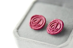 OOAK Script Initial Wax Seal Earrings - Backtozero B20 - 1 initial, 1initial, deep pink, Handmade, Initial, Letter, One Initial, OOAK, Personalized, Pink