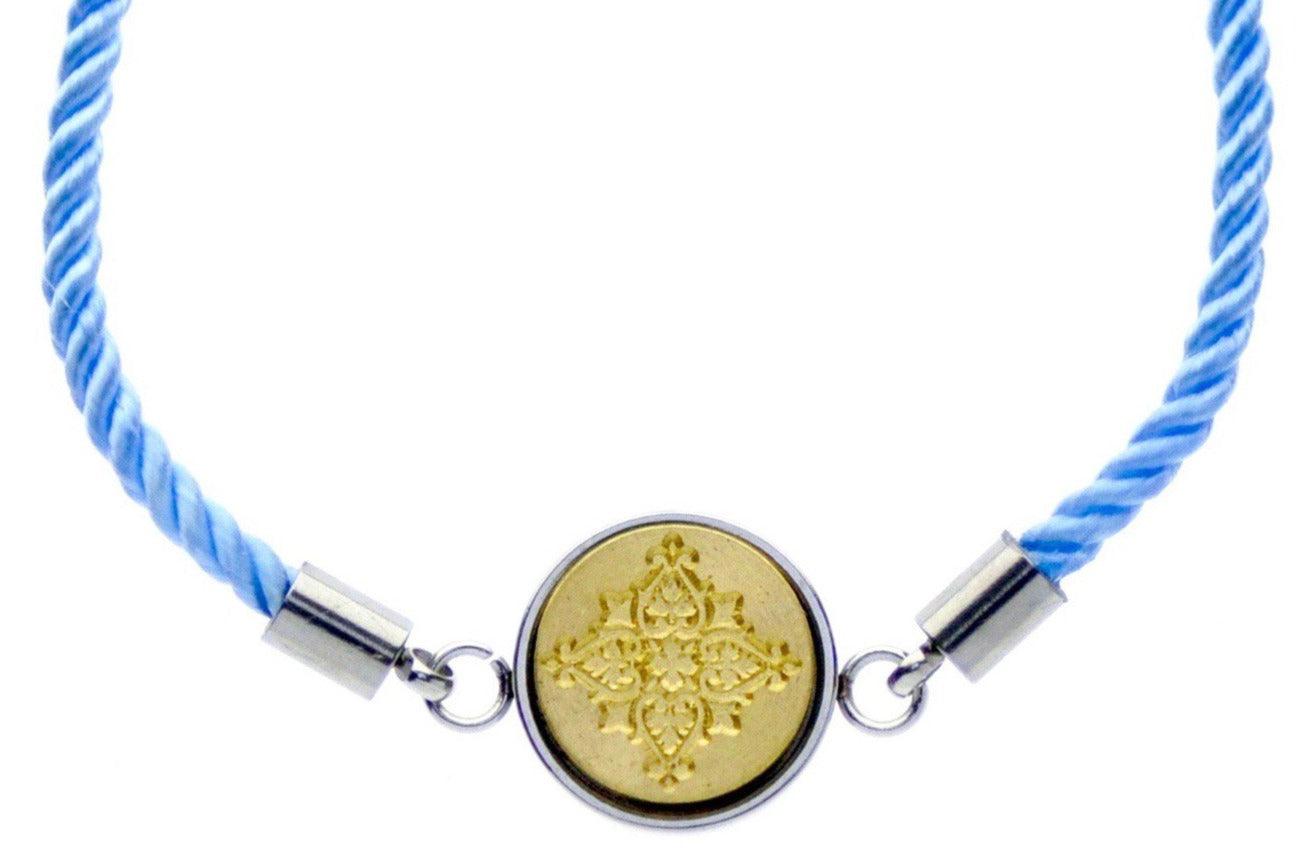 Decorative Filigree Signet Bracelet - Backtozero B20 - 10mm, 12mm, adjustable, blue, bracelet, brass, cord, cord bracelet, deco, decorative, filigree, minimal, pale blue, signet, signet bracelet, stainless steel, twist cord