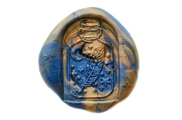 Mystical Bottle Moon Feather Wax Seal Stamp - Backtozero B20 - bottle, Copper, dome, feather, glass dome, gold, light gold, Metallic, midnight blue, moon, mystic, mystical, signaturehandle, star, stars