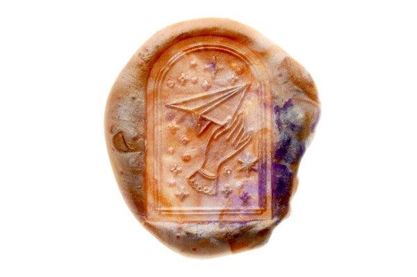 Mystical Dream Fly Me to the Moon Wax Seal Stamp - Backtozero B20 - copper gold, dome, glass dome, hand, hand gesture, Metallic, mystic, mystical, origami, paper plane, pearl, pearl white, plane, purple, signaturehandle, star, stars