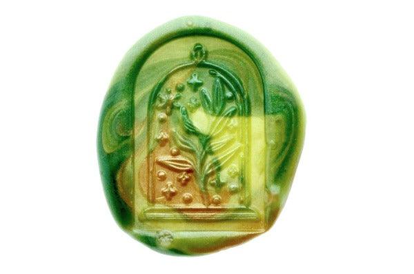 Mystical Glass Dome Leaf Branch Wax Seal Stamp - Backtozero B20 - botanic, Botanical, dandelion, dome, forest, glass dome, leaf, Leafs, Metallic, metallic green, moss, mystic, mystical, Plant, plants, signaturehandle, star, stars