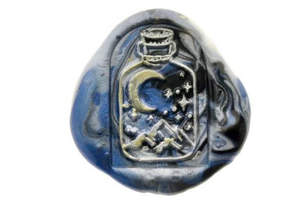 Mystical Bottle Moon Mountain Wax Seal Stamp - Backtozero B20 - black, bottle, dome, glass dome, Metallic, midnight blue, moon, mountain, mystic, mystical, signaturehandle, silver, star, stars