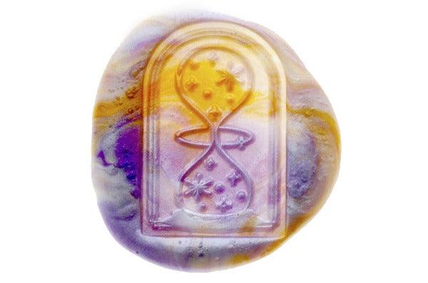 Mystical Dream Time will Heal Wax Seal Stamp - Backtozero B20 - dome, glass dome, gold, hand, hand gesture, hourglasses, Metallic, metallic purple, mystic, mystical, pearl white, sand clocks, sand glass, sand timer, signaturehandle, star, stars