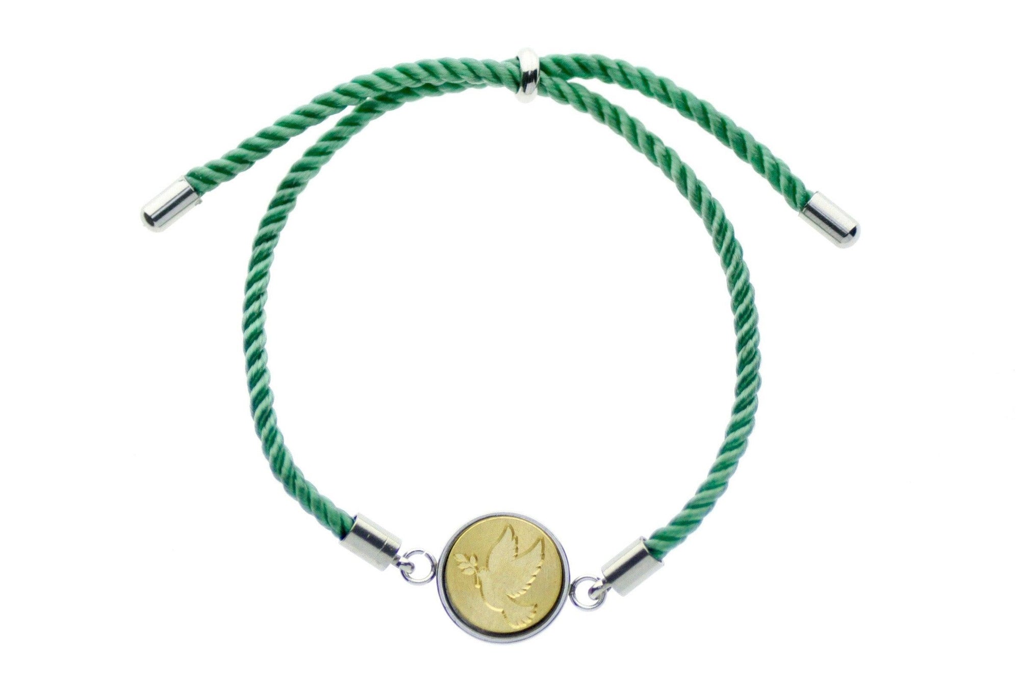 Dove Signet Bracelet - Backtozero B20 - 10mm, 12mm, adjustable, bird, blue, bracelet, brass, cord, cord bracelet, dove, green, minimal, peace, signet, signet bracelet, stainless steel, twist cord