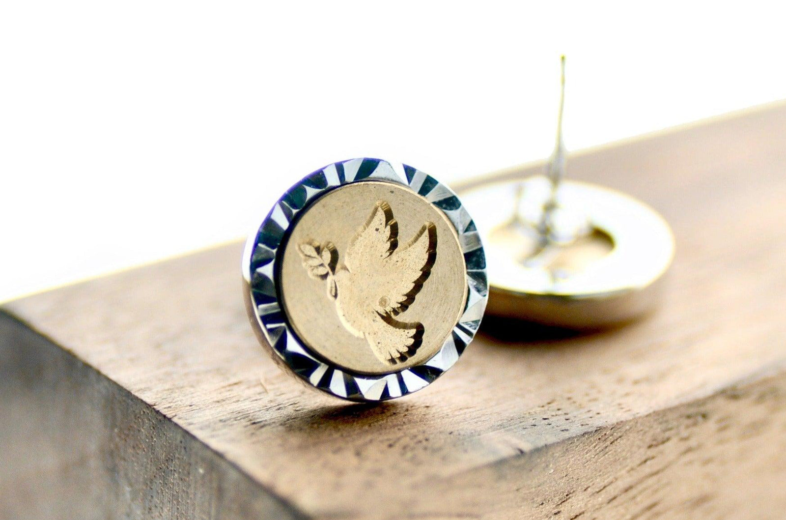 Dove Geo Signet Earrings - Backtozero B20 - bird, brass, dove, earrings, geo, geoearrings, peace, signet, silver, stud, stud earrings