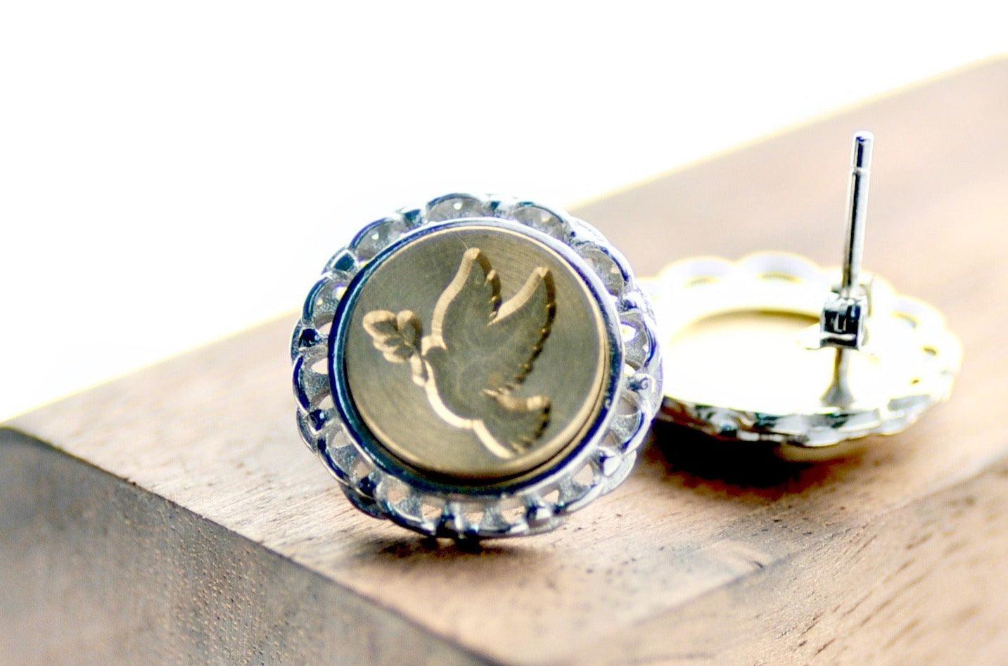 Dove Lace Signet Earrings - Backtozero B20 - bird, brass, dove, earrings, lace, lace earrings, laceearrings, peace, signet, silver, stud, stud earrings