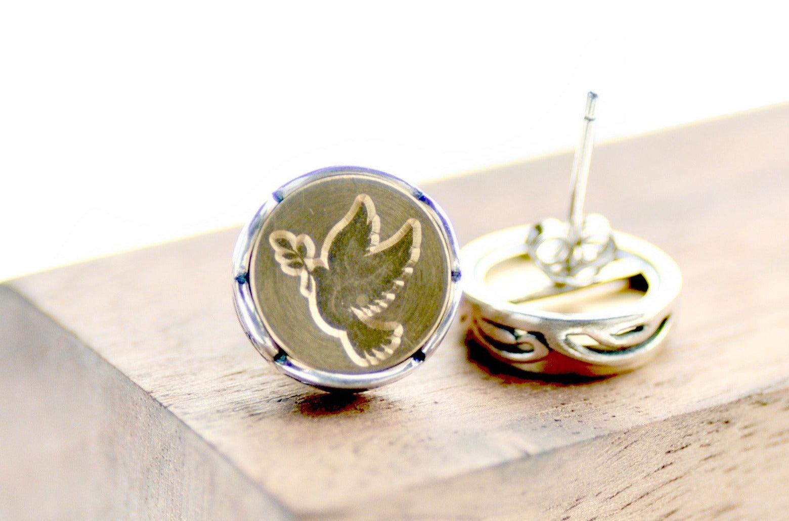 Dove Scalloped Signet Earrings - Backtozero B20 - bird, brass, earrings, peace, scalloped earrings, scallopedearrings, signet, silver, stud, stud earrings