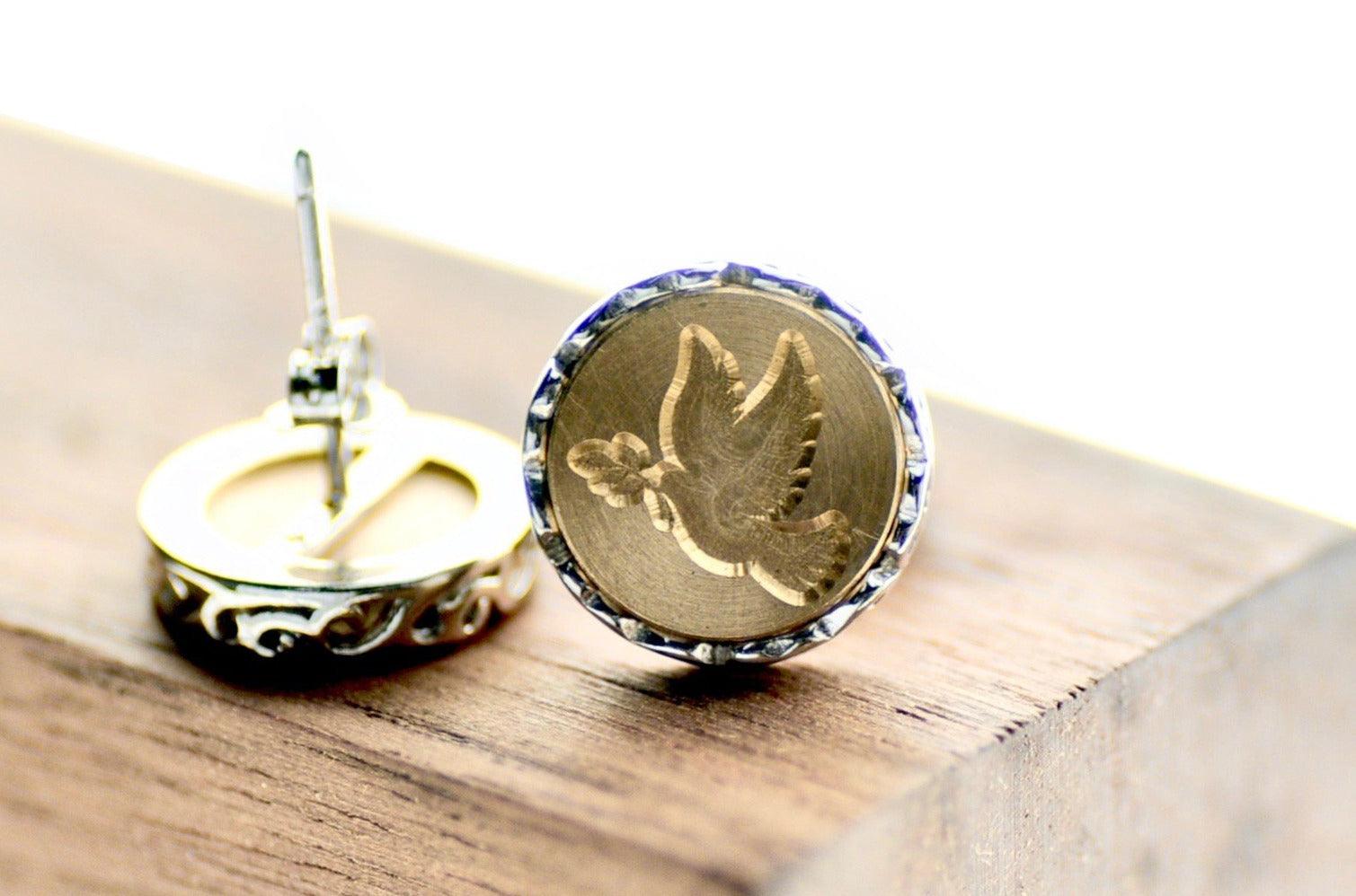 Dove Filigree Signet Earrings - Backtozero B20 - bird, brass, earrings, filigree, filigree earrings, filigreeearrings, peace, signet, silver, stud, stud earrings