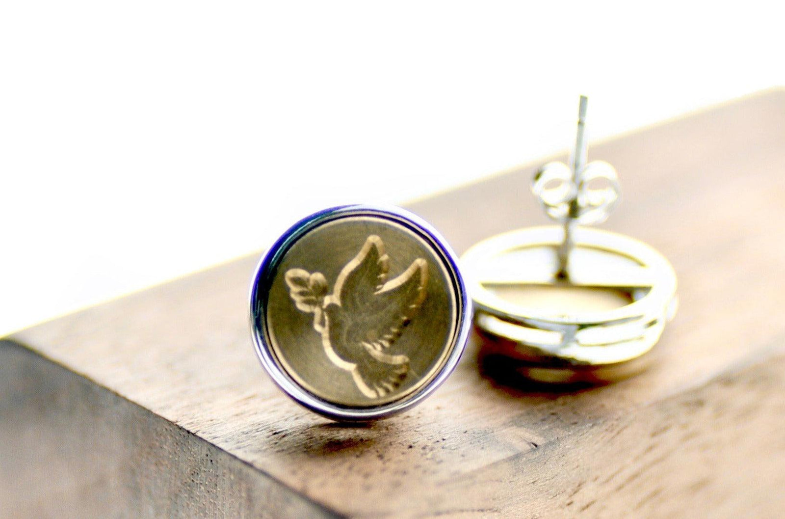 Dove Minimal Signet Earrings - Backtozero B20 - bird, brass, dove, earrings, minimal, minimalearrings, peace, signet, silver, stud, stud earrings