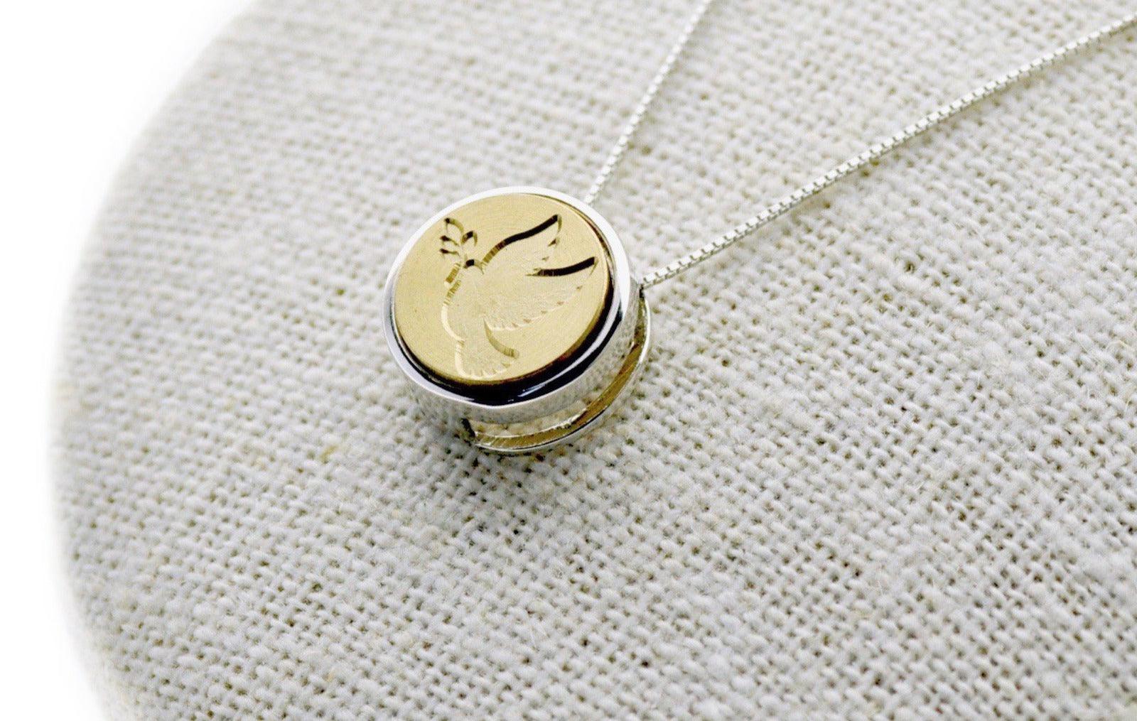 Dove Floating Signet Necklace - Backtozero B20 - 12mm, 12mm necklace, bead, bird, brass, charm, floating, minimal, minimalnecklace, necklace, peace, signet, signet necklace, silver