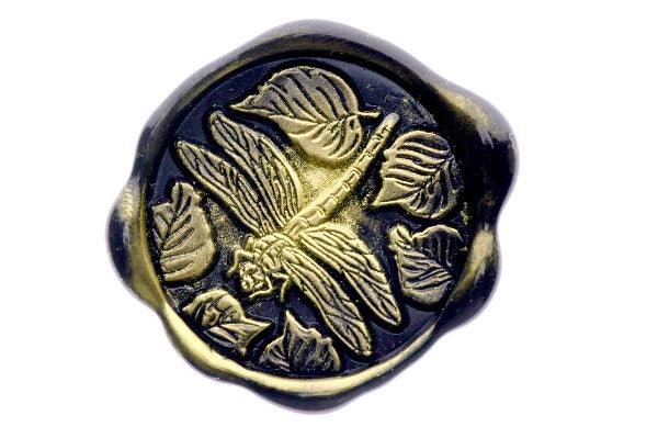 Dragonfly & Leaves Wax Seal Stamp - Backtozero B20 - black, botanic, Botanical, dragonfly, gold metallic powder, insect, leaf, leaves, metallic powder, Nature, newarrivals, Signature, signaturehandle, spring