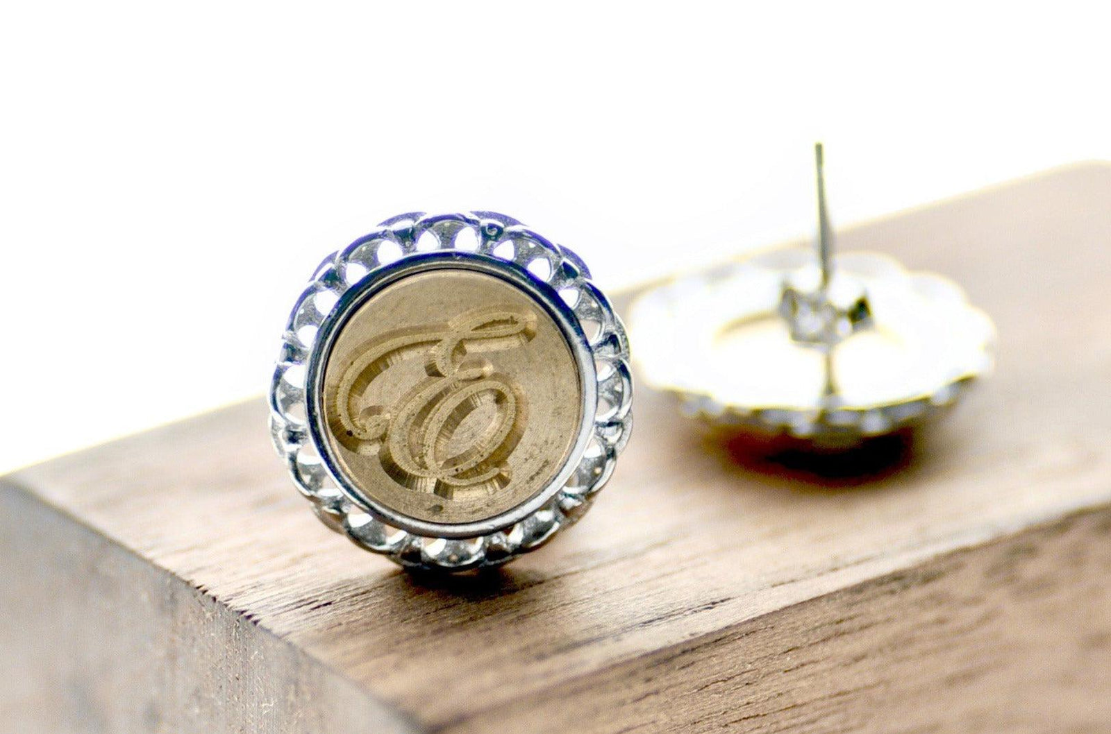 Script Initial Lace Signet Earrings - Backtozero B20 - 1 initial, 1initial, brass, custom, earrings, lace, lace earrings, laceearrings, One Initial, personalized, signet, silver, stud, stud earrings