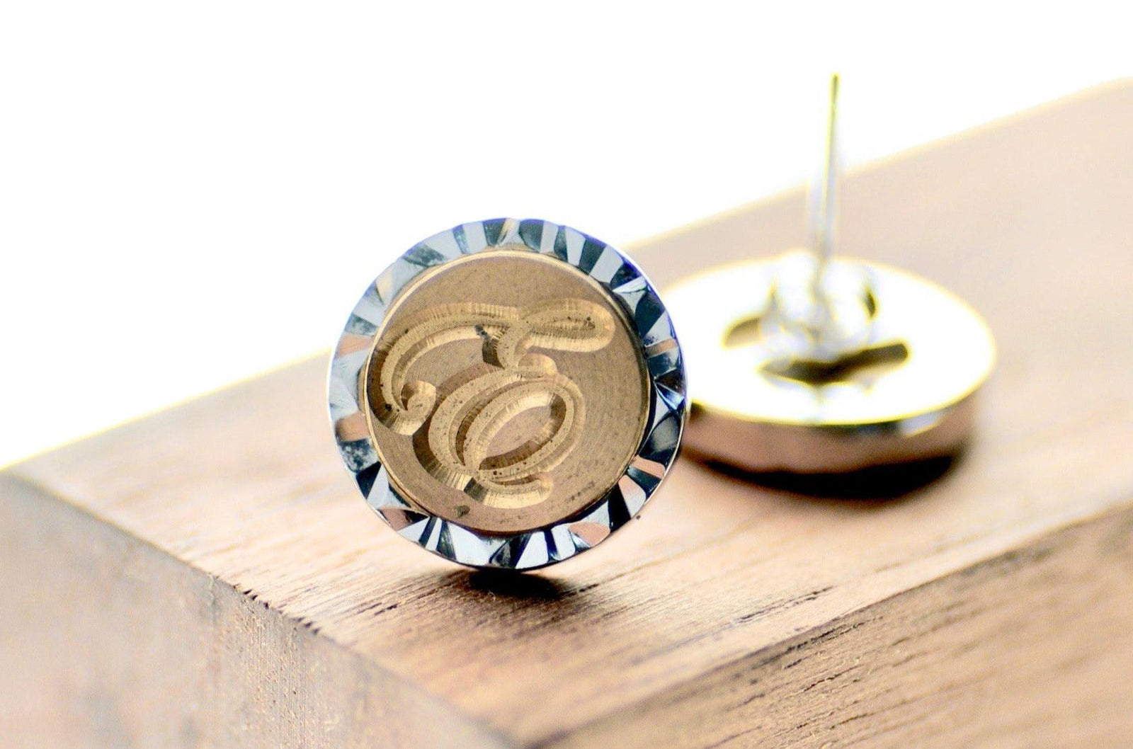 Script Initial Geo Signet Earrings - Backtozero B20 - 1 initial, 1initial, brass, custom, earrings, geo, geoearrings, One Initial, personalized, signet, silver, stud, stud earrings