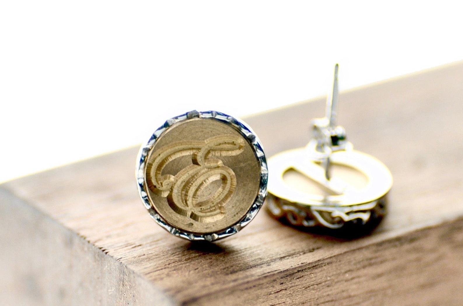 Script Initial Filigree Signet Earrings - Backtozero B20 - 1 initial, 1initial, brass, custom, earrings, filigree, filigree earrings, filigreeearrings, One Initial, personalized, signet, silver, stud, stud earrings