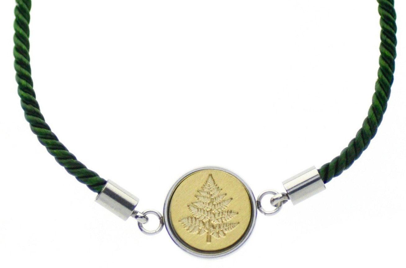 Fern Signet Bracelet - Backtozero B20 - 10mm, 12mm, adjustable, botanical, bracelet, brass, cord, cord bracelet, fern, green, leaf, minimal, plant, signet, signet bracelet, stainless steel, twist cord