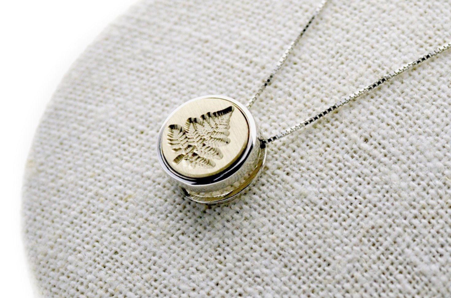 Fern Floating Signet Necklace - Backtozero B20 - 12mm, 12mm necklace, bead, botanic, Botanical, brass, charm, floating, Leaf, minimal, minimalnecklace, necklace, signet, signet necklace, silver