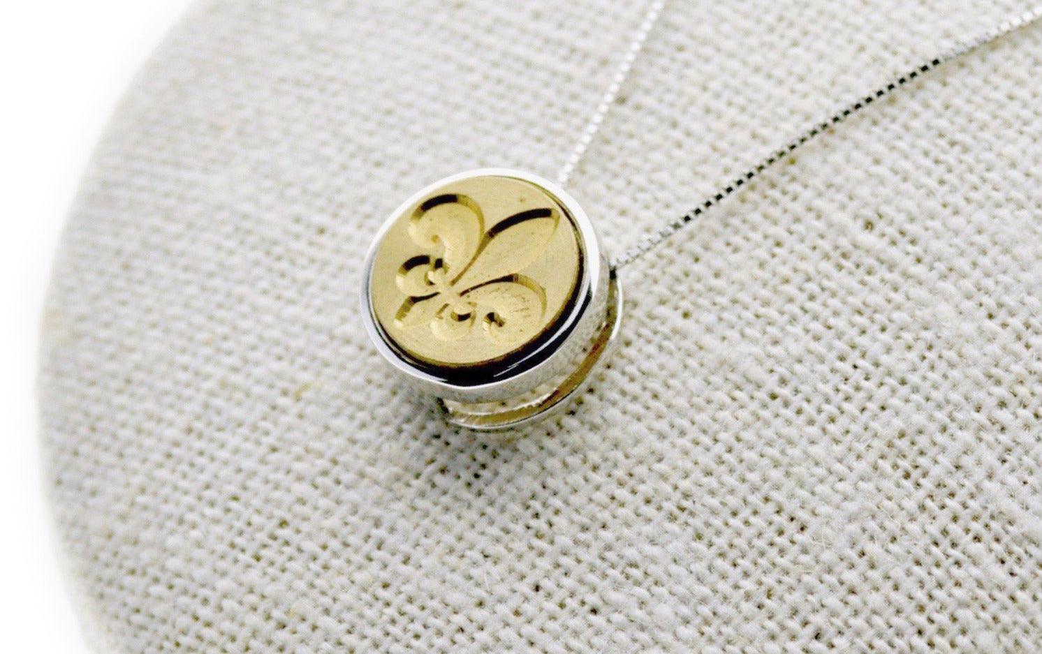 Fleur de Lis Floating Signet Necklace - Backtozero B20 - 12mm, 12mm necklace, bead, brass, charm, floating, minimal, minimalnecklace, necklace, signet, signet necklace, silver