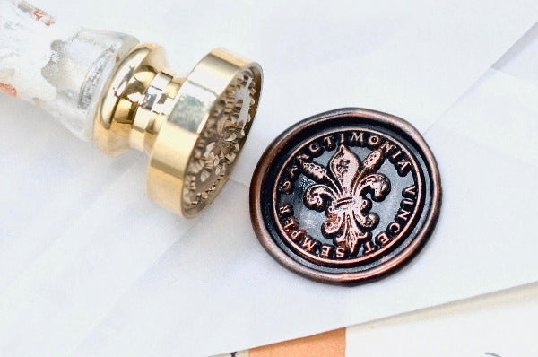 Fleur de Lis Latin Motto Wax Seal Stamp | S - Backtozero B20 - antique, conquer, latin, latin motto, Message, purity, Retro, Signature, signaturehandle