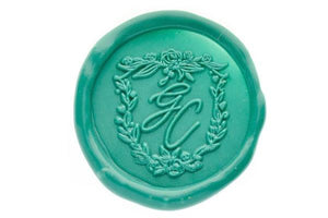 Floral Shield Monogram Wax Seal Stamp - Backtozero B20 - 2 initials, 2initials, Botanical, Double Initials, floral, Flower, genericlonghandle, Initial, Monogram, Nature, Personalized, shield, Turquoise, Two initials, Wedding