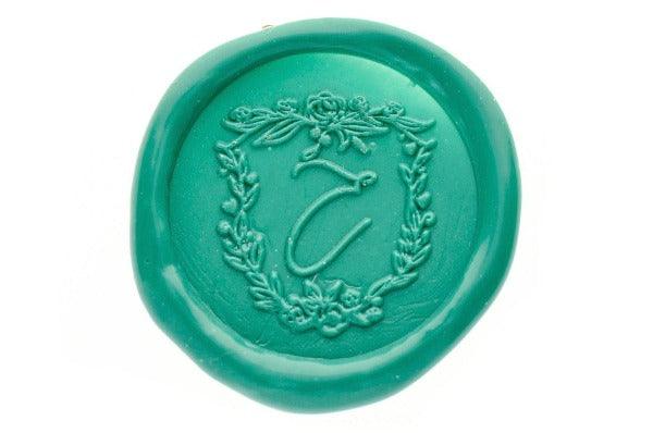 Floral Shield Initial Wax Seal Stamp - Backtozero B20 - 1 initial, 1initial, Botanical, floral, Flower, genericlonghandle, Initial, Monogram, Nature, One Initial, Personalized, shield, Turquoise, Wedding