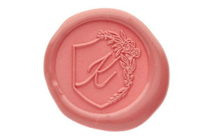 Floral Shield Initial Wax Seal Stamp - Backtozero B20 - 1 initial, 1initial, Botanical, floral, Flower, genericlonghandle, Initial, Monogram, Nature, One Initial, Personalized, Pink, shield, Wedding