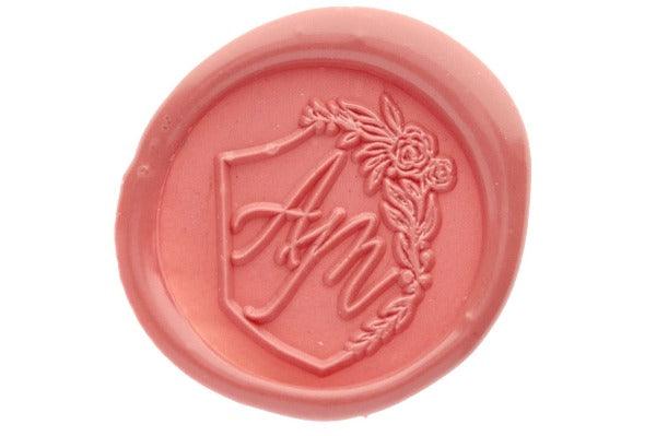 Floral Shield Monogram Wax Seal Stamp - Backtozero B20 - 2 initials, 2initials, Botanical, Double Initials, floral, Flower, genericlonghandle, Initial, Monogram, Nature, Personalized, Pink, shield, Two initials, Wedding