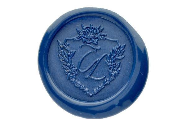 Floral Shield Monogram Wax Seal Stamp - Backtozero B20 - 2 initials, 2initials, Blue, Botanical, Double Initials, floral, Flower, genericlonghandle, Initial, Monogram, Nature, Personalized, shield, Two initials, Wedding