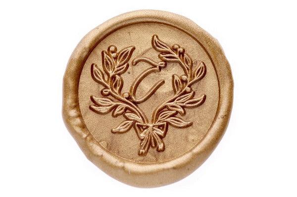 Floral Wreath Initial Wax Seal Stamp - Backtozero B20 - 1 initial, 1initial, Botanical, Copper, floral, Flower, genericlonghandle, Initial, Laurel Wreath, Monogram, Nature, One Initial, Personalized, Wedding, wreath