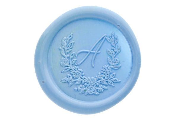 Floral Wreath Initial Wax Seal Stamp - Backtozero B20 - 1 initial, 1initial, Botanical, floral, Flower, genericlonghandle, Initial, Laurel Wreath, Monogram, Nature, One Initial, Pastel Blue, Personalized, Wedding, wreath