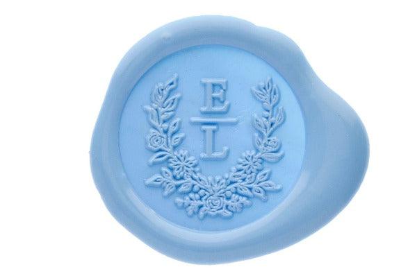 Floral Wreath Monogram Wax Seal Stamp - Backtozero B20 - 2 initials, Botanical, Double Initials, floral, Flower, genericlonghandle, Initial, Monogram, Nature, Pastel Blue, Personalized, shield, topbottom2, Two initials, Wedding