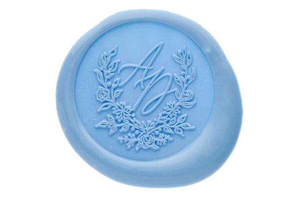 Floral Wreath Monogram Wax Seal Stamp - Backtozero B20 - 2 initials, 2initials, Botanical, Double Initials, floral, Flower, genericlonghandle, Initial, Laurel Wreath, Monogram, Nature, Pastel Blue, Personalized, Two initials, Wedding, wreath