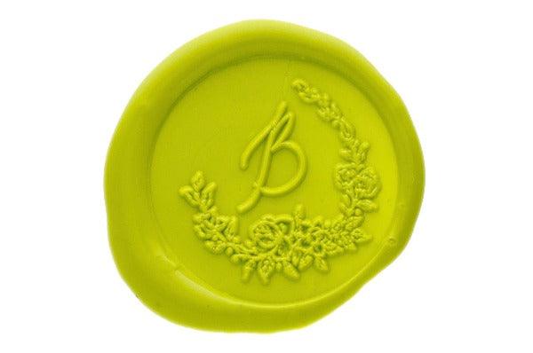 Floral Wreath Initial Wax Seal Stamp - Backtozero B20 - 1 initial, 1initial, Botanical, floral, Flower, genericlonghandle, Initial, Laurel Wreath, Monogram, Nature, One Initial, Pastel Green, Personalized, Wedding, wreath