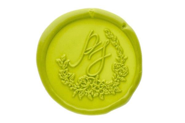Floral Wreath Monogram Wax Seal Stamp - Backtozero B20 - 2 initials, 2initials, Botanical, Double Initials, floral, Flower, genericlonghandle, Initial, Laurel Wreath, Monogram, Nature, Pastel Green, Personalized, Two initials, Wedding, wreath