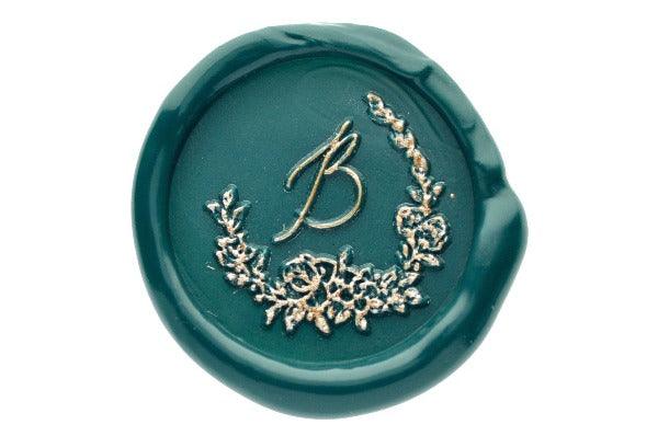 Floral Wreath Initial Wax Seal Stamp - Backtozero B20 - 1 initial, 1initial, Botanical, floral, Flower, genericlonghandle, Initial, Laurel Wreath, Monogram, Nature, One Initial, Pastel Green, Personalized, Wedding, wreath