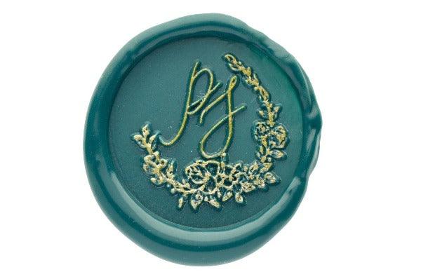 Floral Wreath Monogram Wax Seal Stamp - Backtozero B20 - 2 initials, 2initials, Botanical, Double Initials, floral, Flower, genericlonghandle, Initial, Laurel Wreath, Monogram, Nature, Pastel Green, Personalized, Two initials, Wedding, wreath