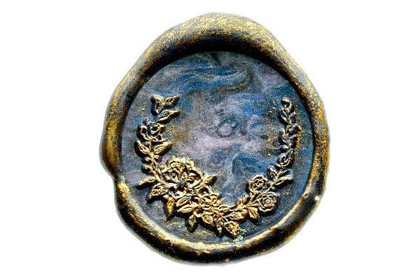 Floral Wreath Wax Seal Stamp - Backtozero B20 - blossom, Botanical, floral, Flower, Laurel Wreath, marble, marble wax, mixed wax, Nature, rose, Signature, signaturehandle, wreath
