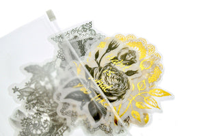 Translucent Stickers Set | Black & Gold Foil Flower & Lace - Backtozero B20 - Black, Gold, gold foil, lace, paper, sticker, translucent, vintage, washi