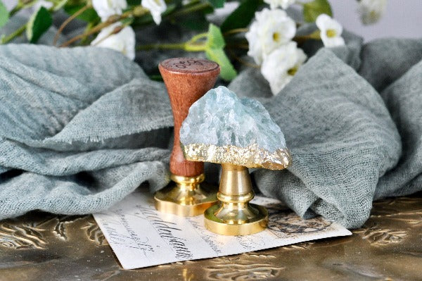 OOAK Gold-Plated Fluorite Quartz Wax Seal Handle - Backtozero B20 - crystal, Fluorite, gold plated, green crystal, handle, quartz, yellow crystal, yellow quartz