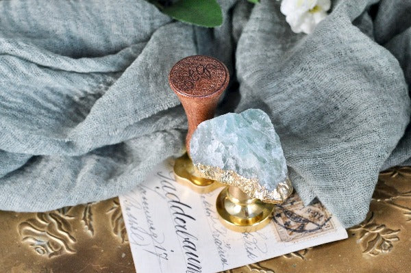 OOAK Gold-Plated Fluorite Quartz Wax Seal Handle - Backtozero B20 - crystal, Fluorite, gold plated, green crystal, handle, quartz, yellow crystal, yellow quartz