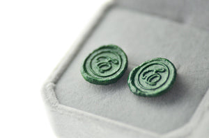 OOAK Script Initial Wax Seal Earrings - Backtozero B20 - 1 initial, 1initial, forest, Green, Handmade, Initial, Letter, One Initial, OOAK, Personalized