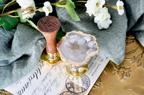 OOAK Gold-Plated White Quartz Geode Wax Seal Handle - Backtozero B20 - crystal, geode, gold plated, handle, quartz, white quartz