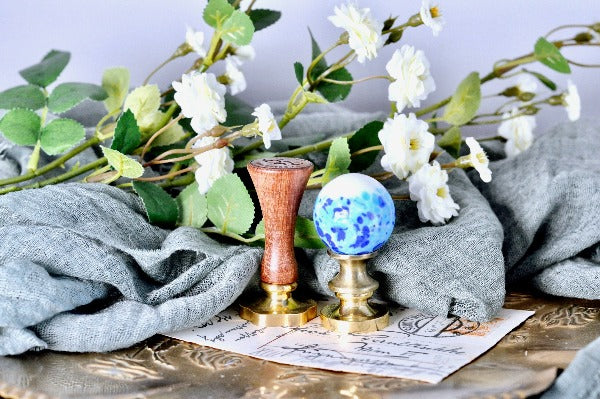 OOAK Glass Ball Wax Seal Handle | Blue & Light Blue on White - Backtozero B20 - ball, Blue, glass, handle, Light Blue