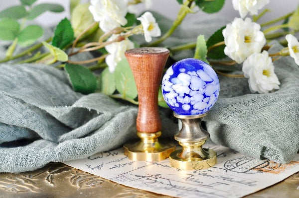 OOAK Glass Ball Wax Seal Handle | White on Blue - Backtozero B20 - ball, Blue, glass, handle