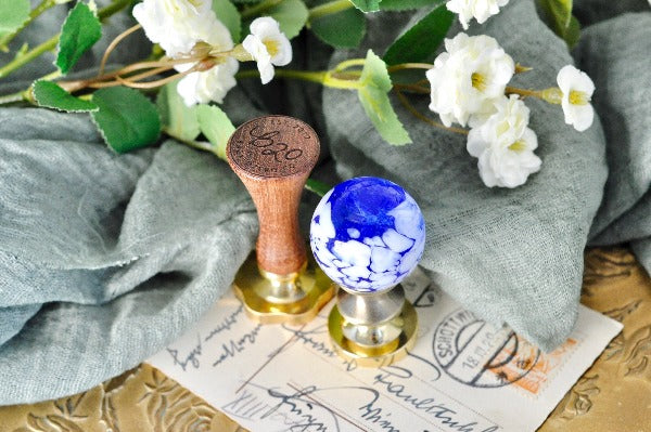 OOAK Glass Ball Wax Seal Handle | White on Blue - Backtozero B20 - ball, Blue, glass, handle